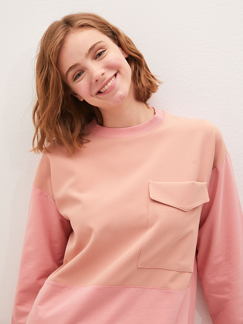 Pembe Bisiklet Yaka Cep Detaylı Renk Bloklu Uzun Kollu Kadın Sweatshirt Tunik-1