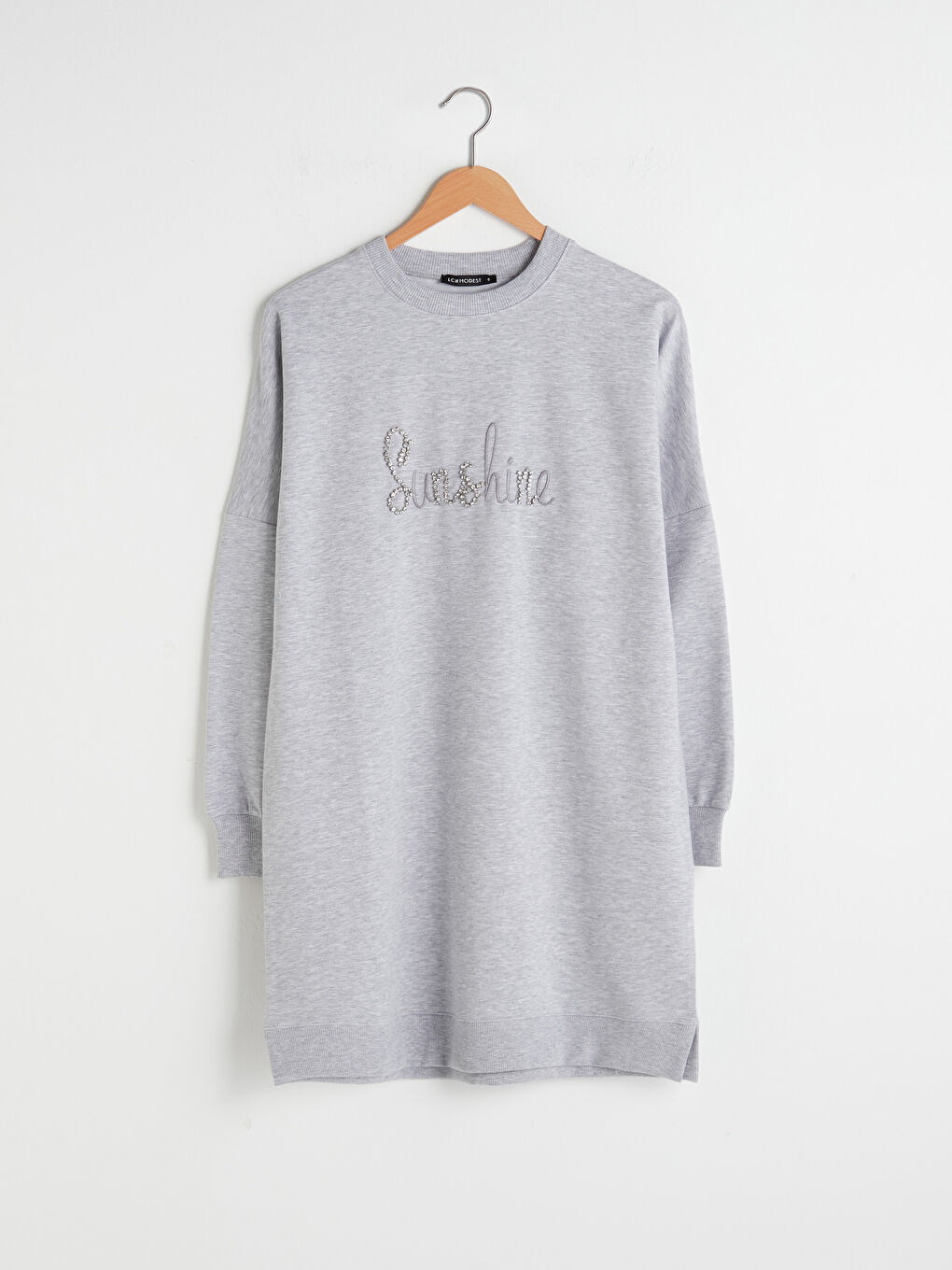 Gri Bisiklet Yaka Nakışlı Uzun Kollu Kadın Sweatshirt Tunik-5