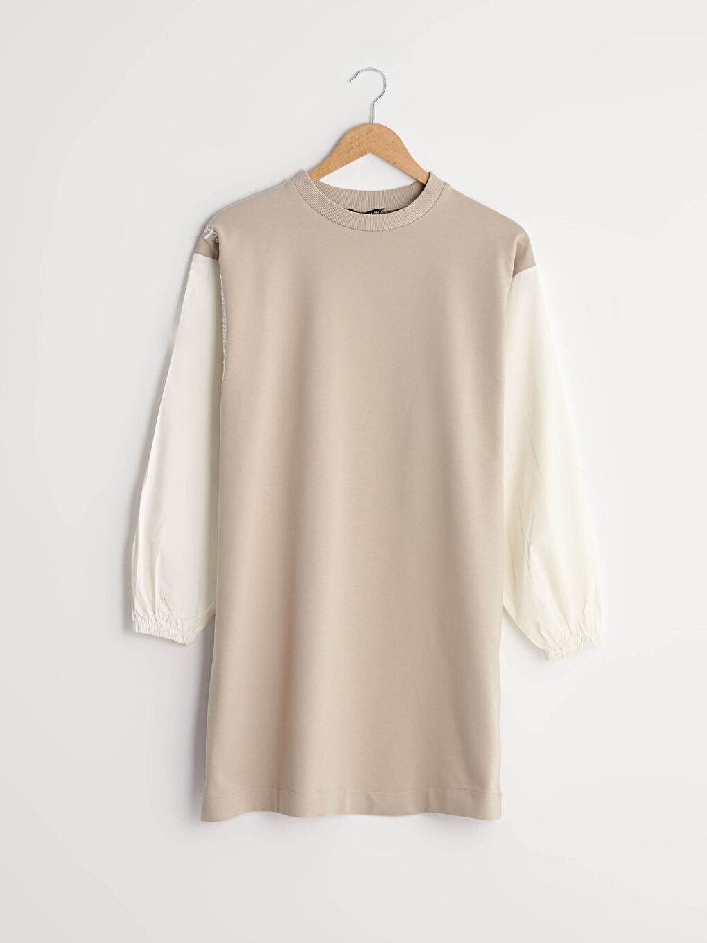 Bej Bisiklet Yaka Slogan Baskılı Uzun Kollu Kadın Sweatshirt Tunik-4