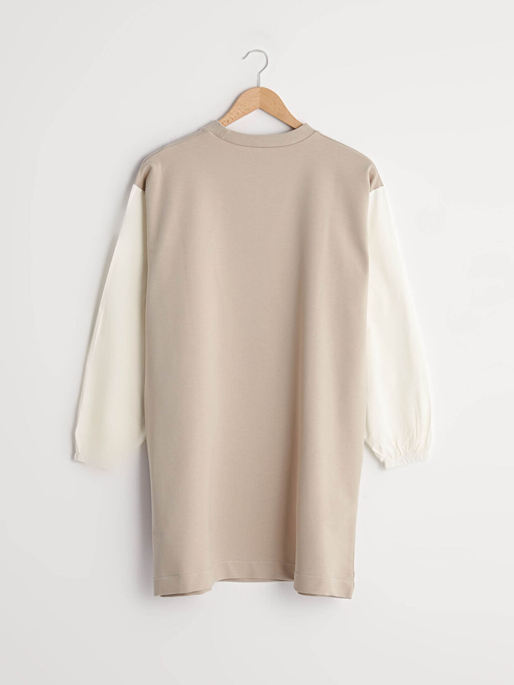 Bej Bisiklet Yaka Slogan Baskılı Uzun Kollu Kadın Sweatshirt Tunik-5