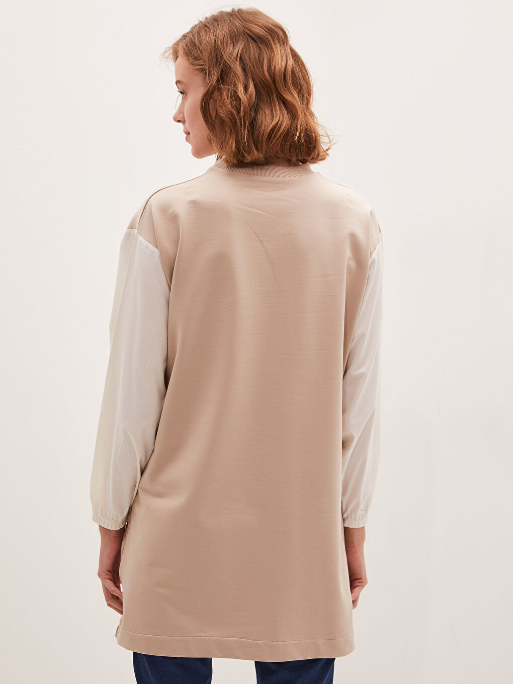 Bej Bisiklet Yaka Slogan Baskılı Uzun Kollu Kadın Sweatshirt Tunik-2