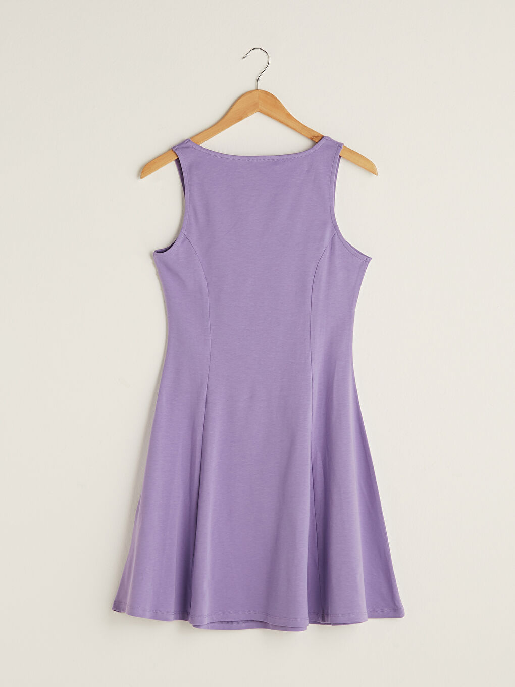 Lila Kare Yaka Düz Kolsuz İnce Kadın Elbise-6