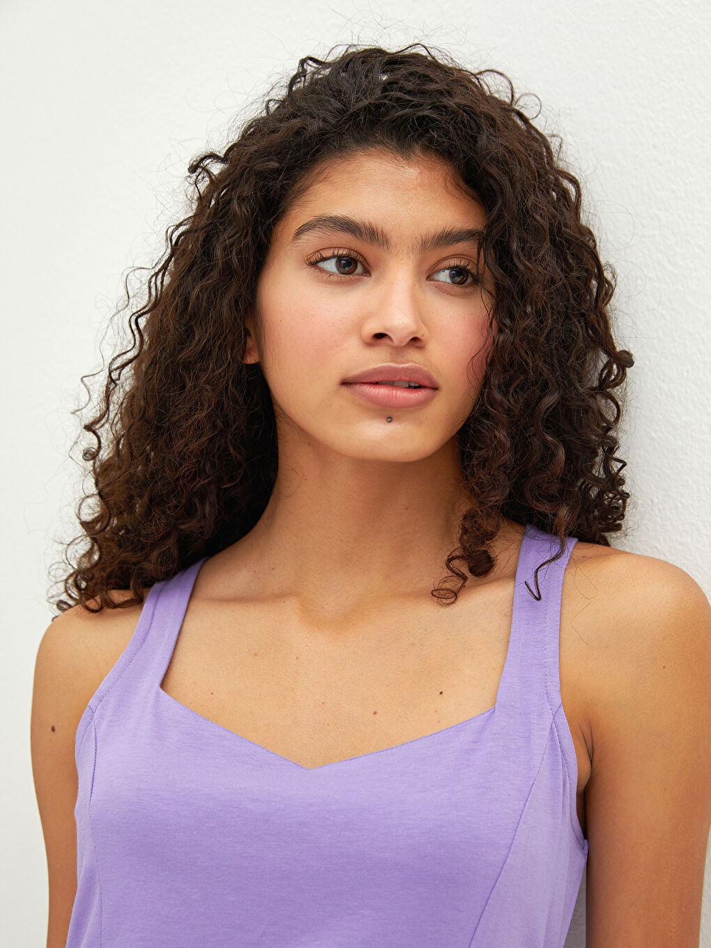 Lila Kare Yaka Düz Kolsuz İnce Kadın Elbise-1