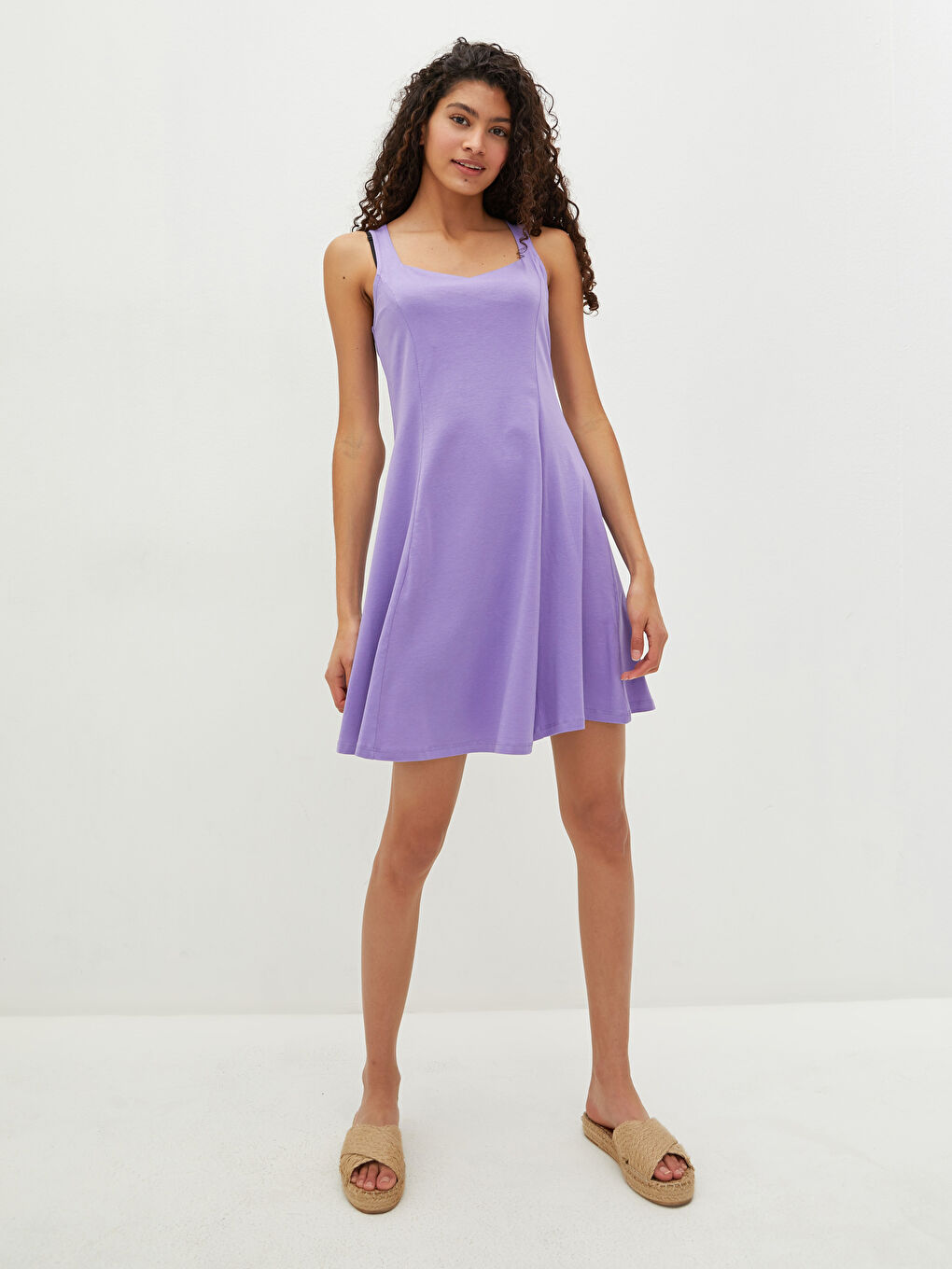 Lila Kare Yaka Düz Kolsuz İnce Kadın Elbise-2