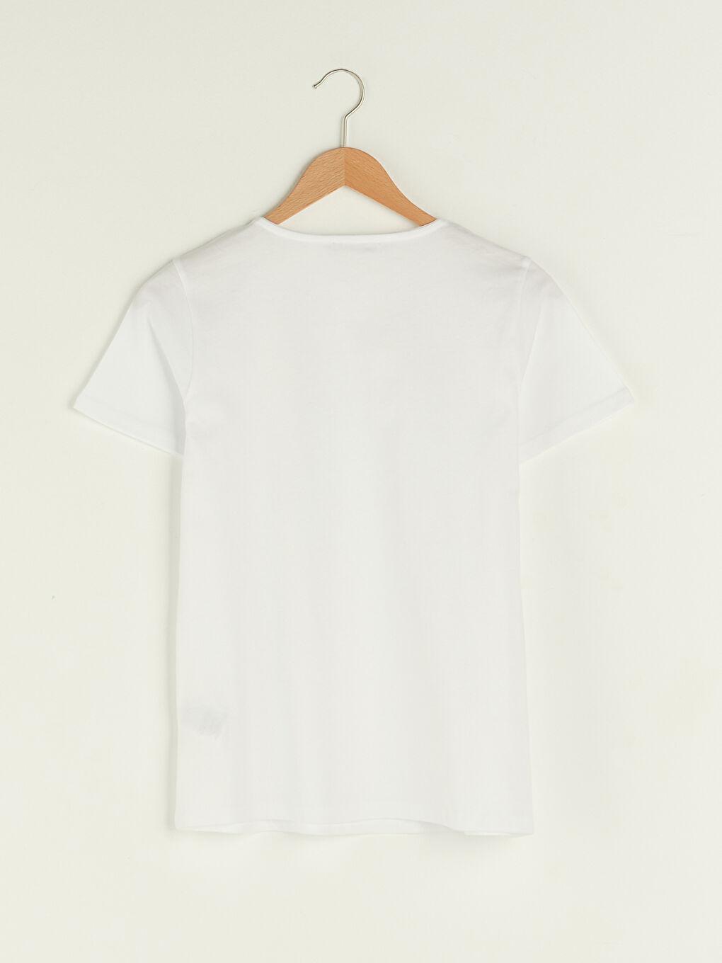 Ekru Bisiklet Yaka Nakışlı Kısa Kollu Kadın Tişört-5