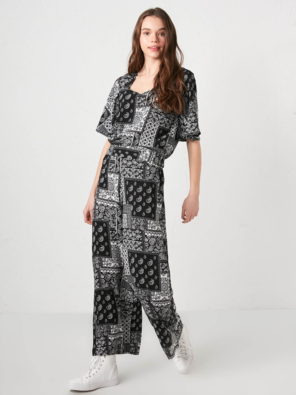 Pantalon en Viscose à Jambe Large Imprimé avec Taille Élastique-1