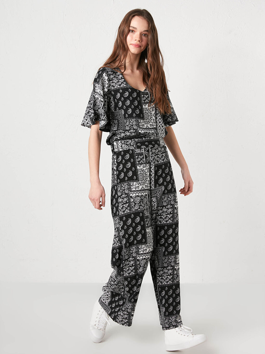 Pantalon en Viscose à Jambe Large Imprimé avec Taille Élastique-2