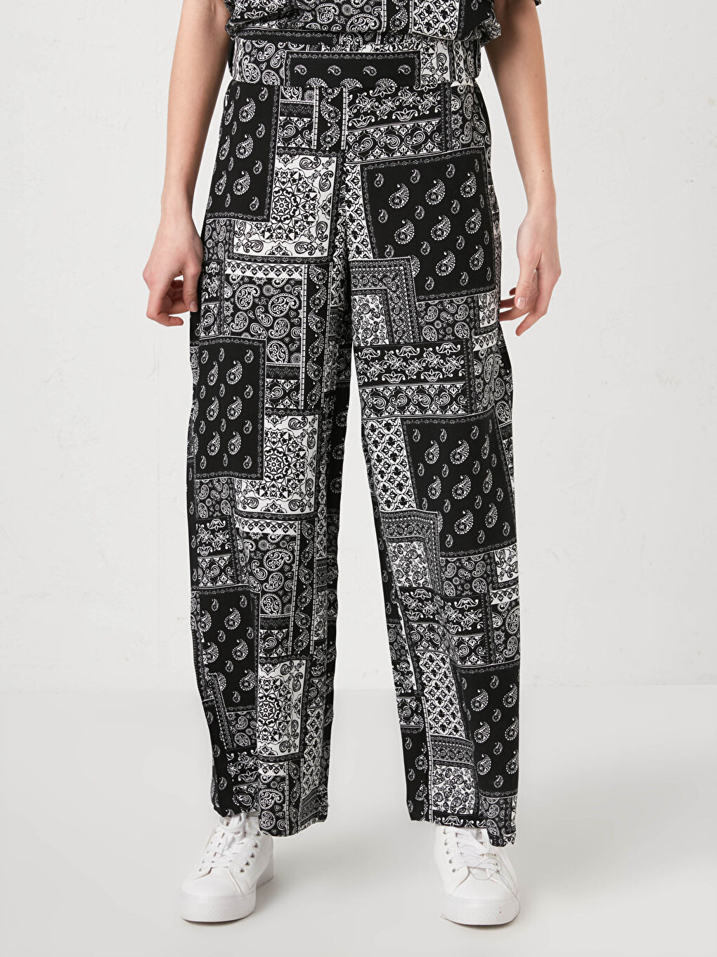 Pantalon en Viscose à Jambe Large Imprimé avec Taille Élastique-3