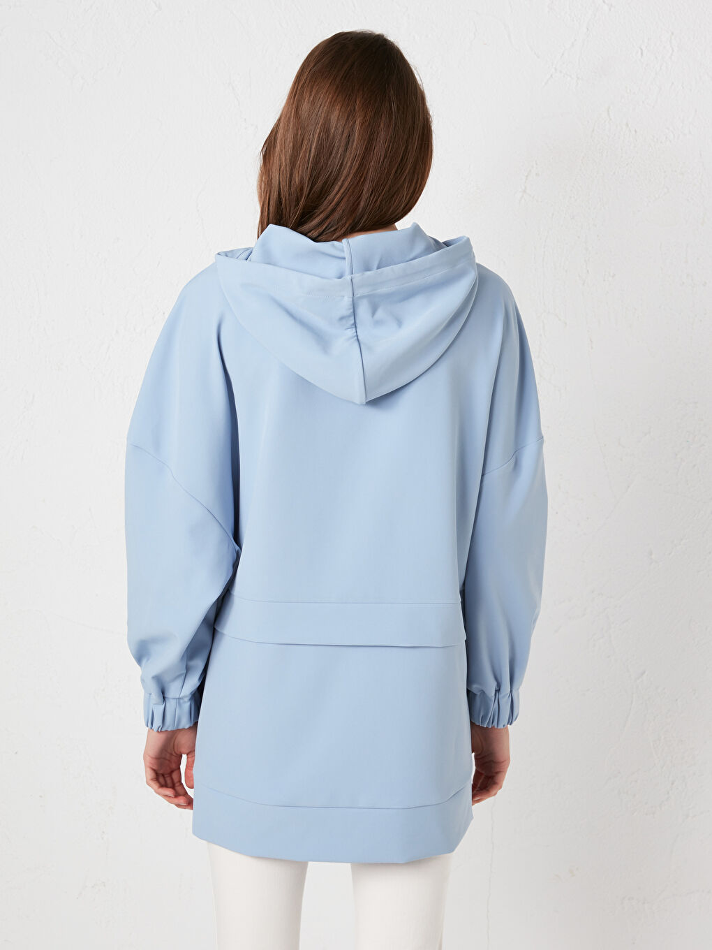 Mavi Kapüşon Yaka Düz Uzun Kollu Kadın Tunik-8