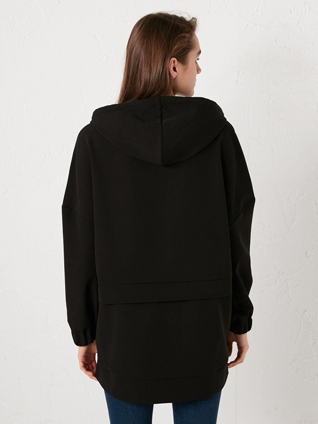 Siyah Kapüşon Yaka Düz Uzun Kollu Kadın Tunik-7