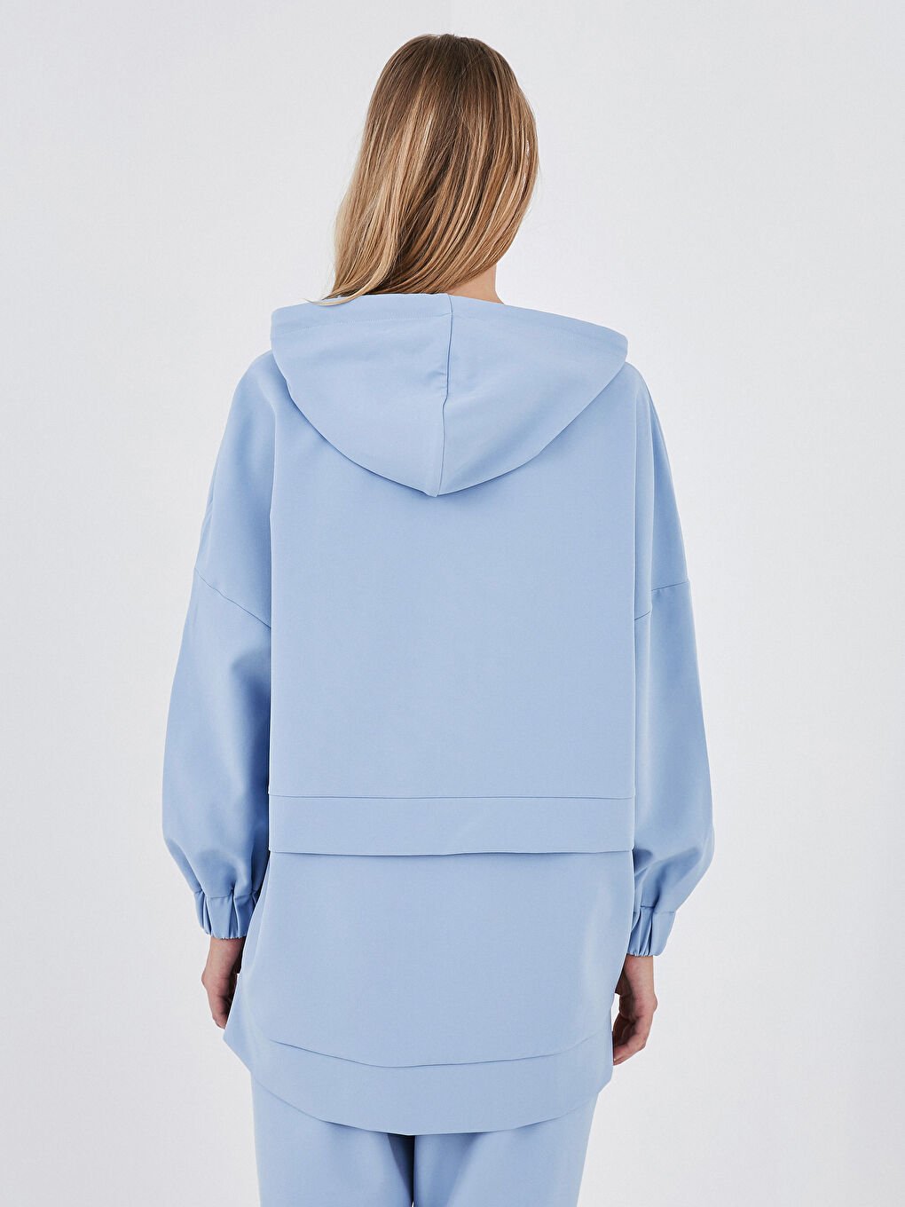 Mavi Kapüşon Yaka Düz Uzun Kollu Kadın Tunik-4