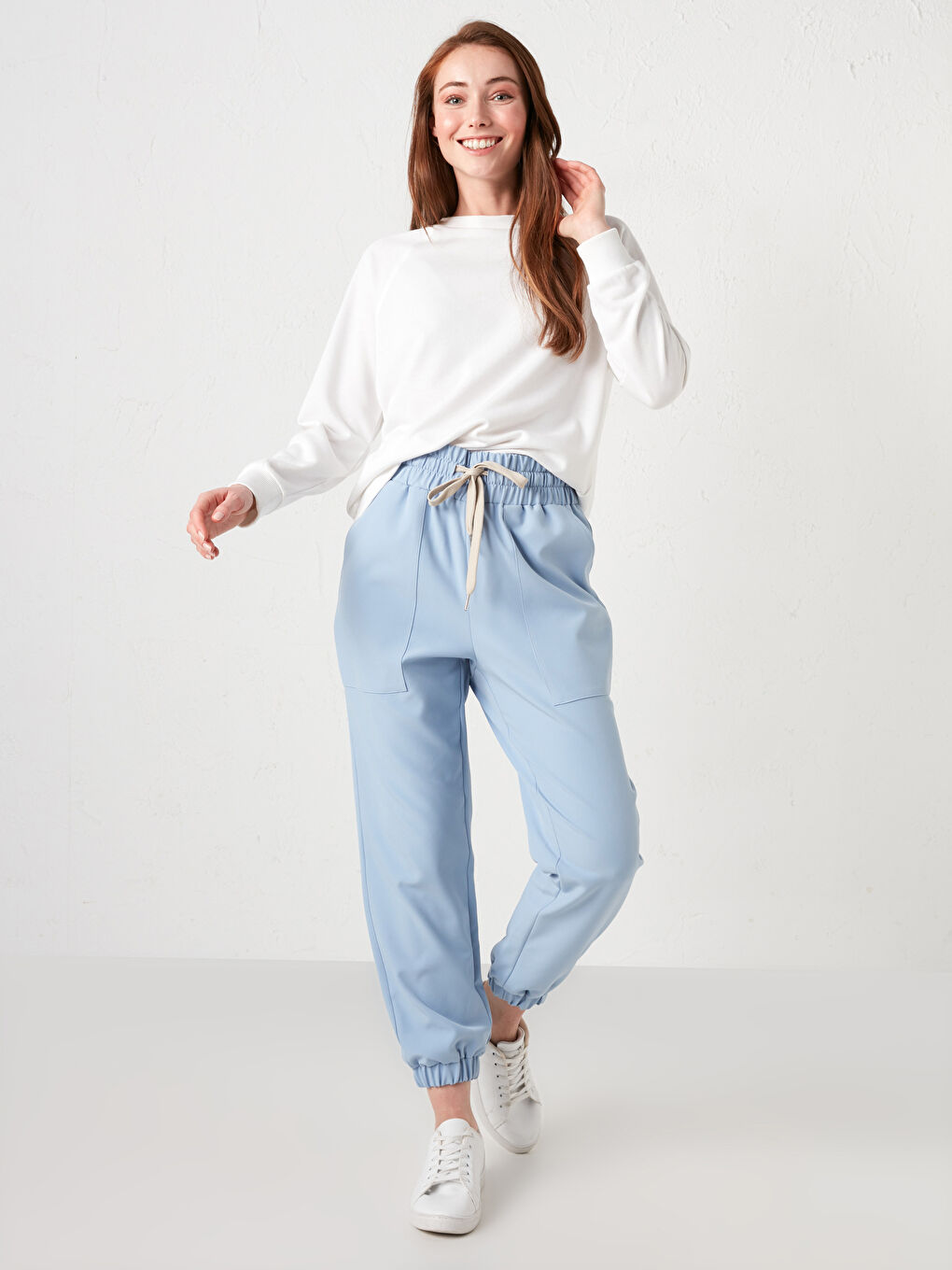 Mavi Beli Lastikli Cep Detaylı Kadın Pantolon-6