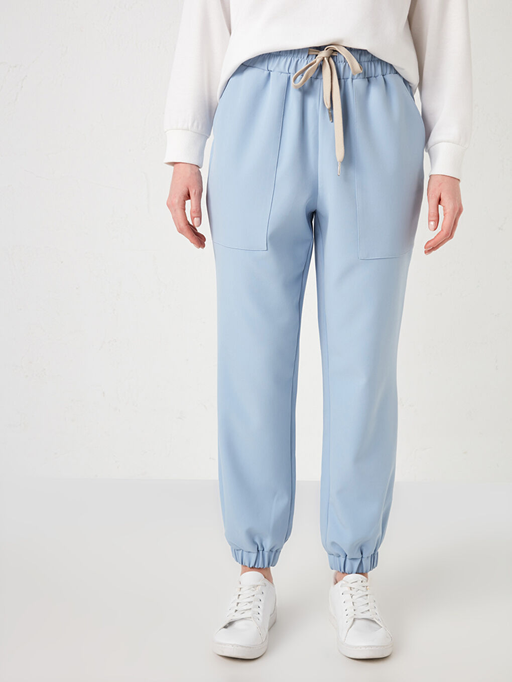 Mavi Beli Lastikli Cep Detaylı Kadın Pantolon-8