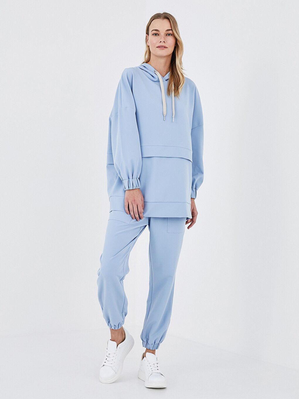 Mavi Beli Lastikli Cep Detaylı Kadın Pantolon-1