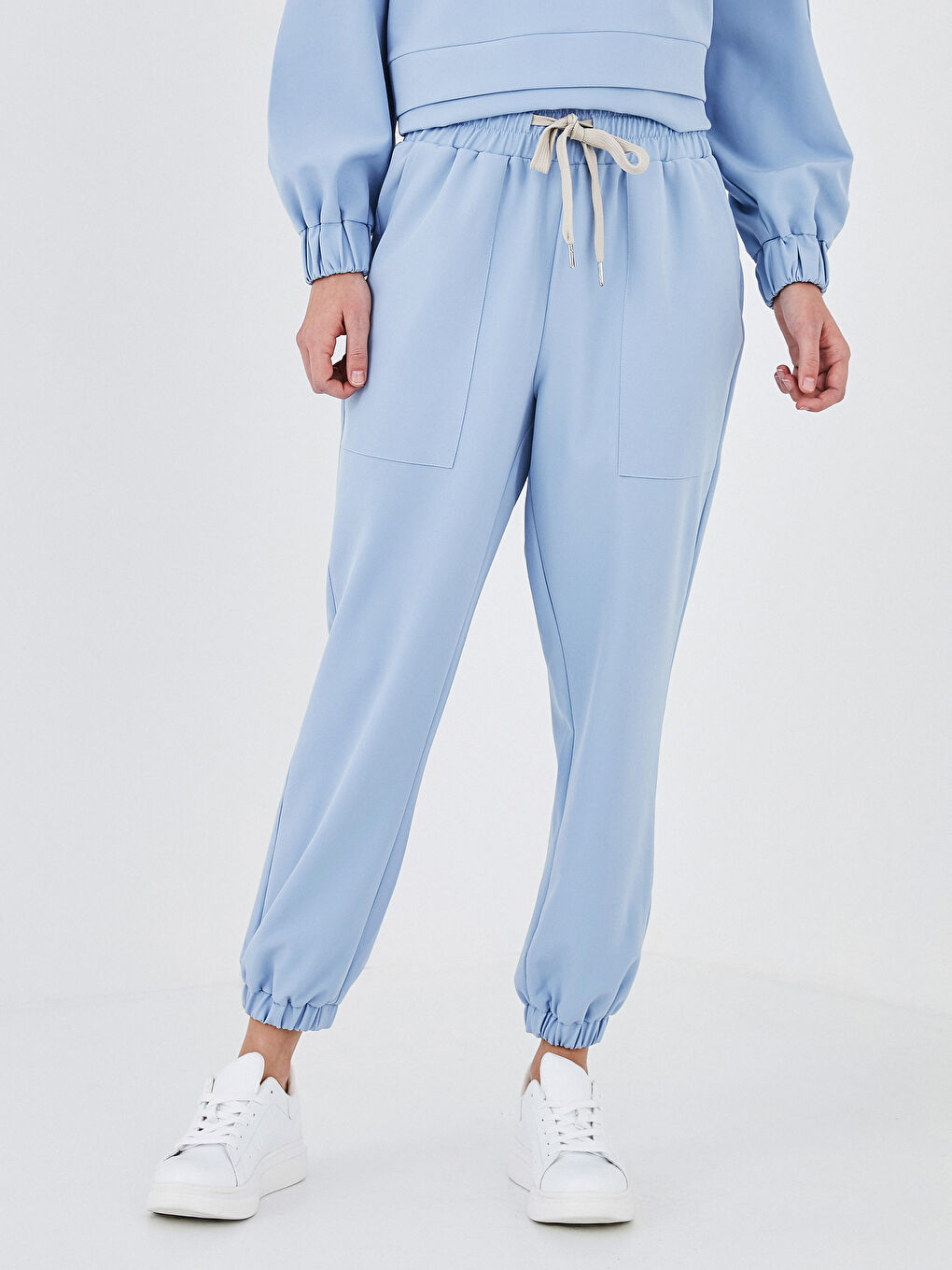 Mavi Beli Lastikli Cep Detaylı Kadın Pantolon-3