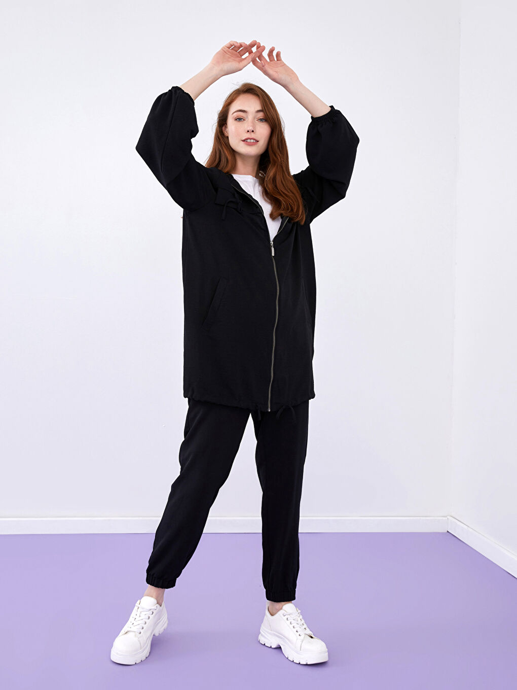 Crepe Fabric Long Sleeve Hooded Collar Women Tunic