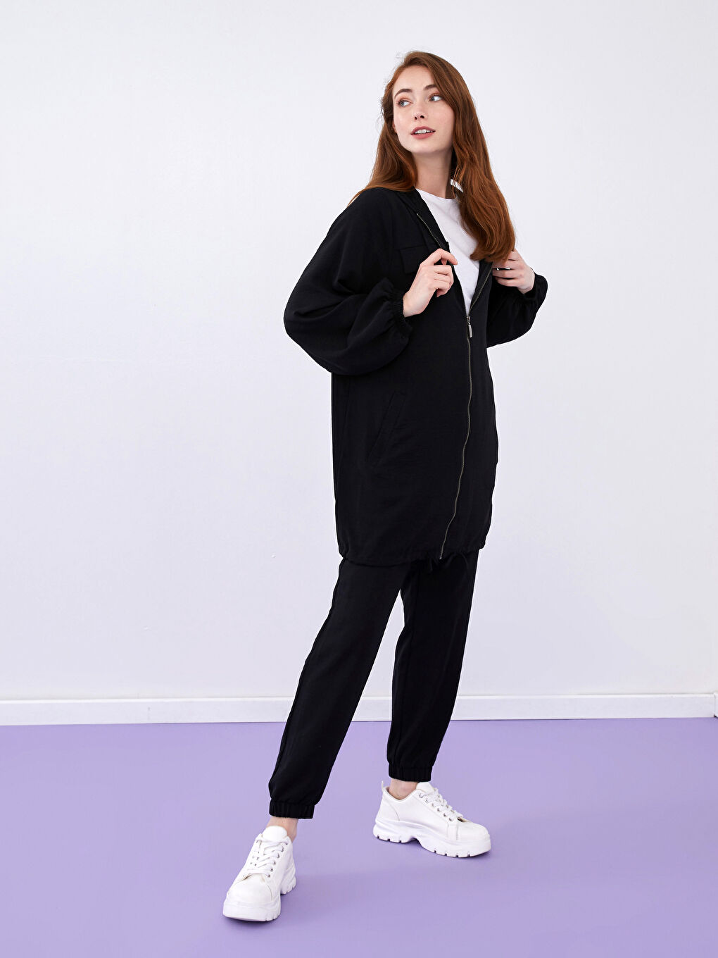 Crepe Fabric Long Sleeve Hooded Collar Women Tunic-2