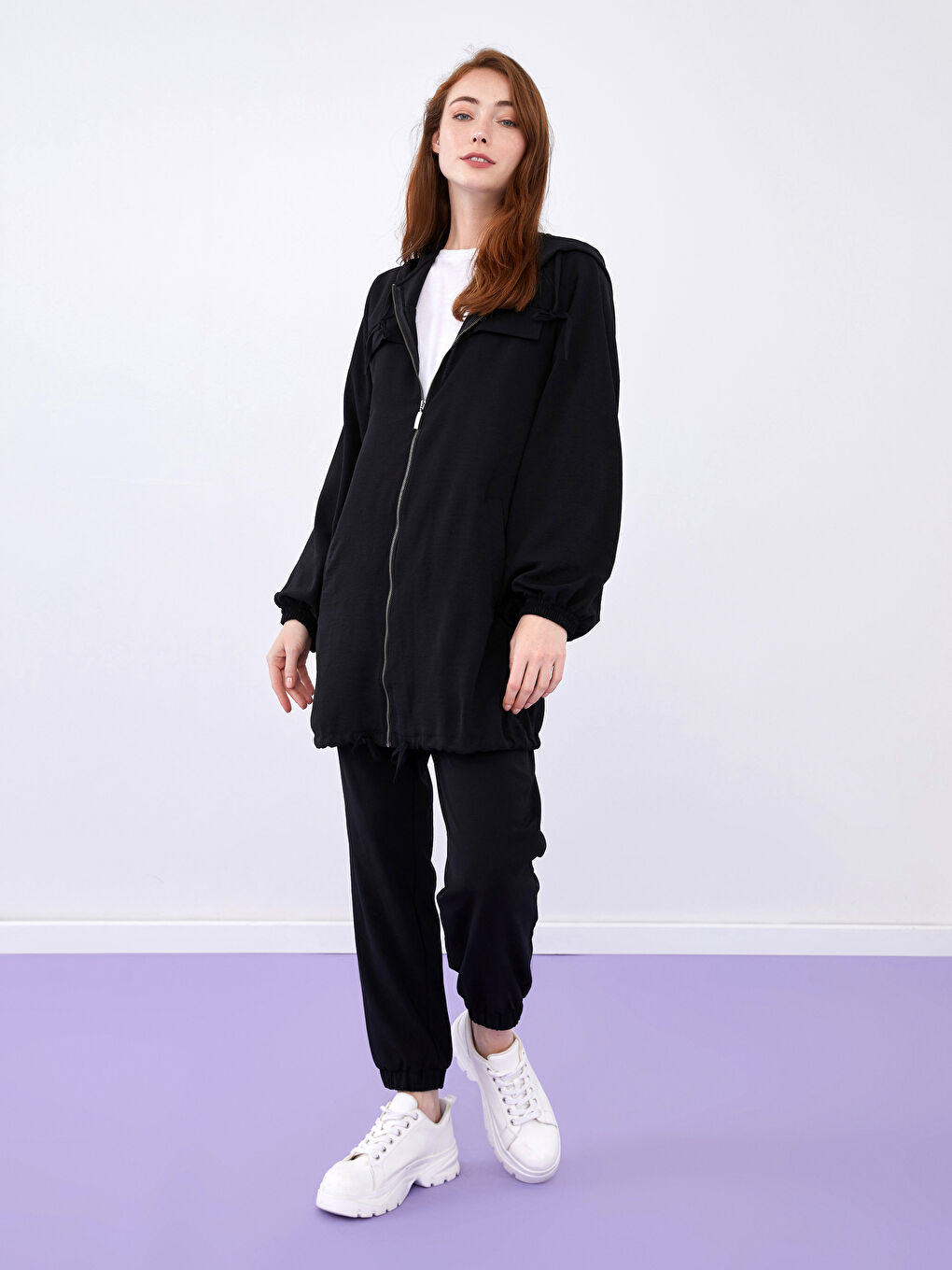 Crepe Fabric Long Sleeve Hooded Collar Women Tunic-3