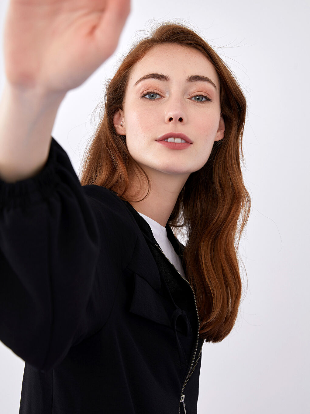 Crepe Fabric Long Sleeve Hooded Collar Women Tunic-4