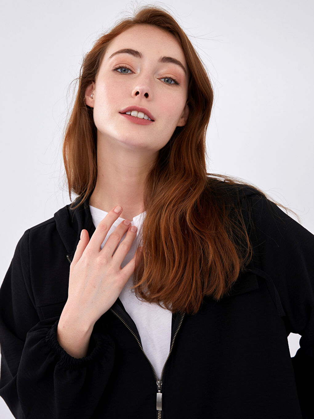 Crepe Fabric Long Sleeve Hooded Collar Women Tunic-5