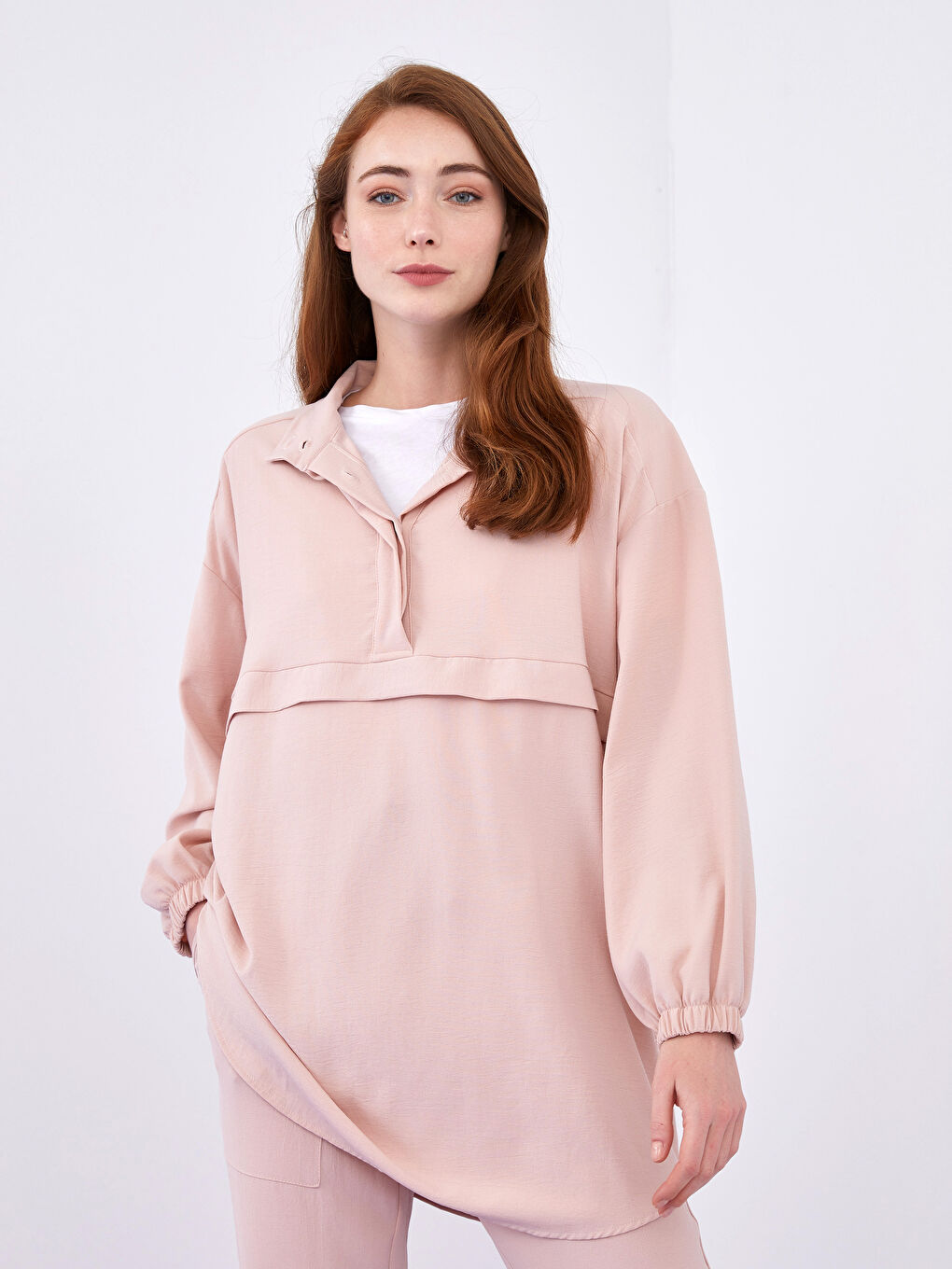 تونيك كم طويل سادة بياقة قمع للسيدات-1