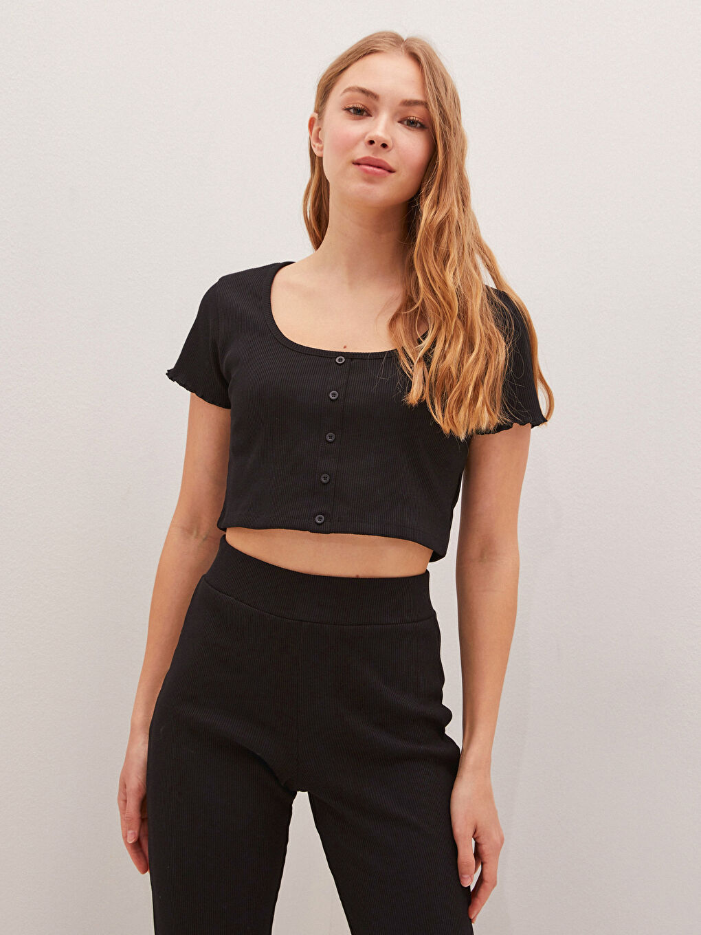 LCW Vision Square Neck Straight Short Sleeve Crop Women's Ribbed T-Shirt -S1J108Z8-CVL