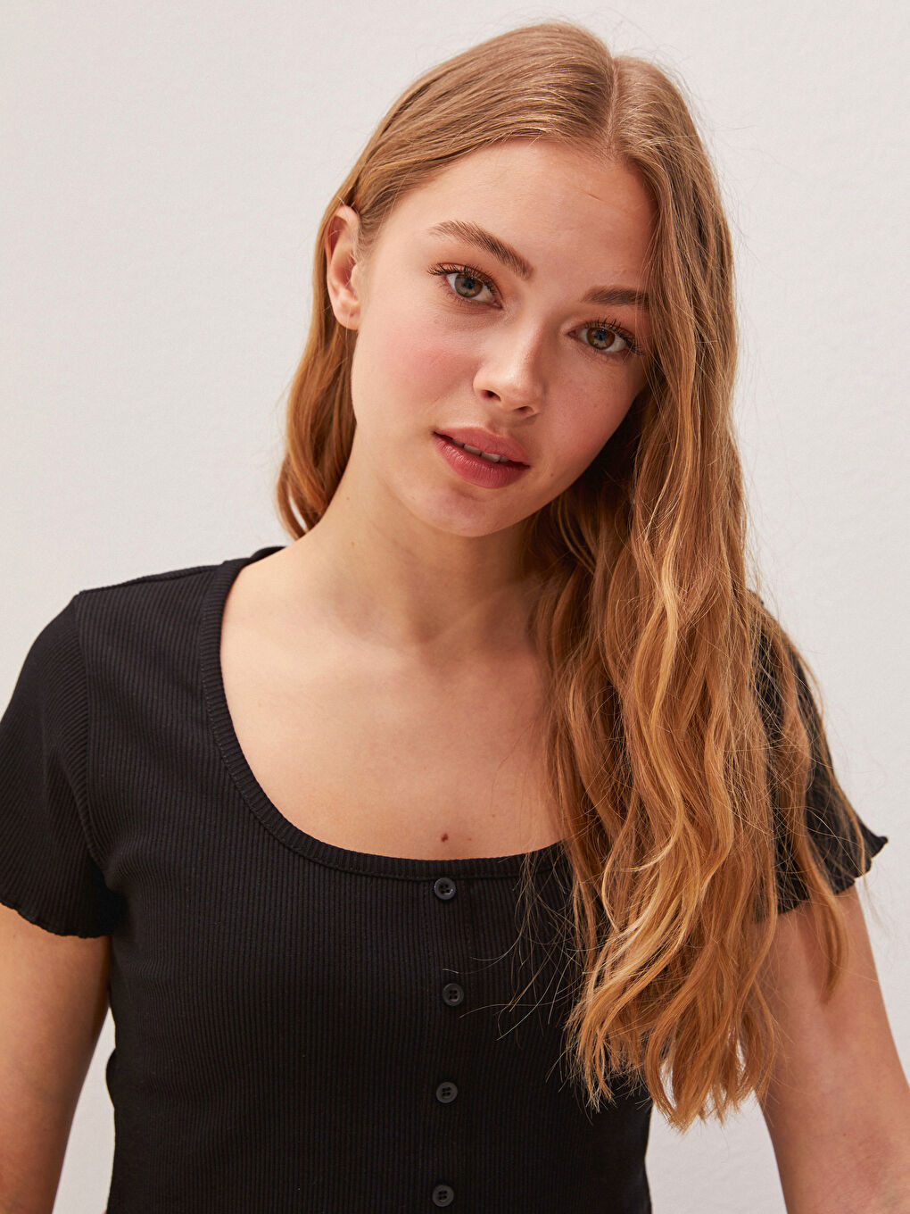 LCW Vision Square Neck Straight Short Sleeve Crop Women's Ribbed T-Shirt -S1J108Z8-CVL