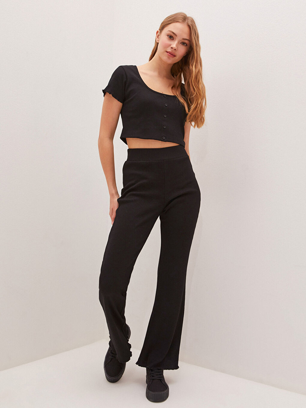 LCW Vision Square Neck Straight Short Sleeve Crop Women's Ribbed T-Shirt -S1J108Z8-CVL