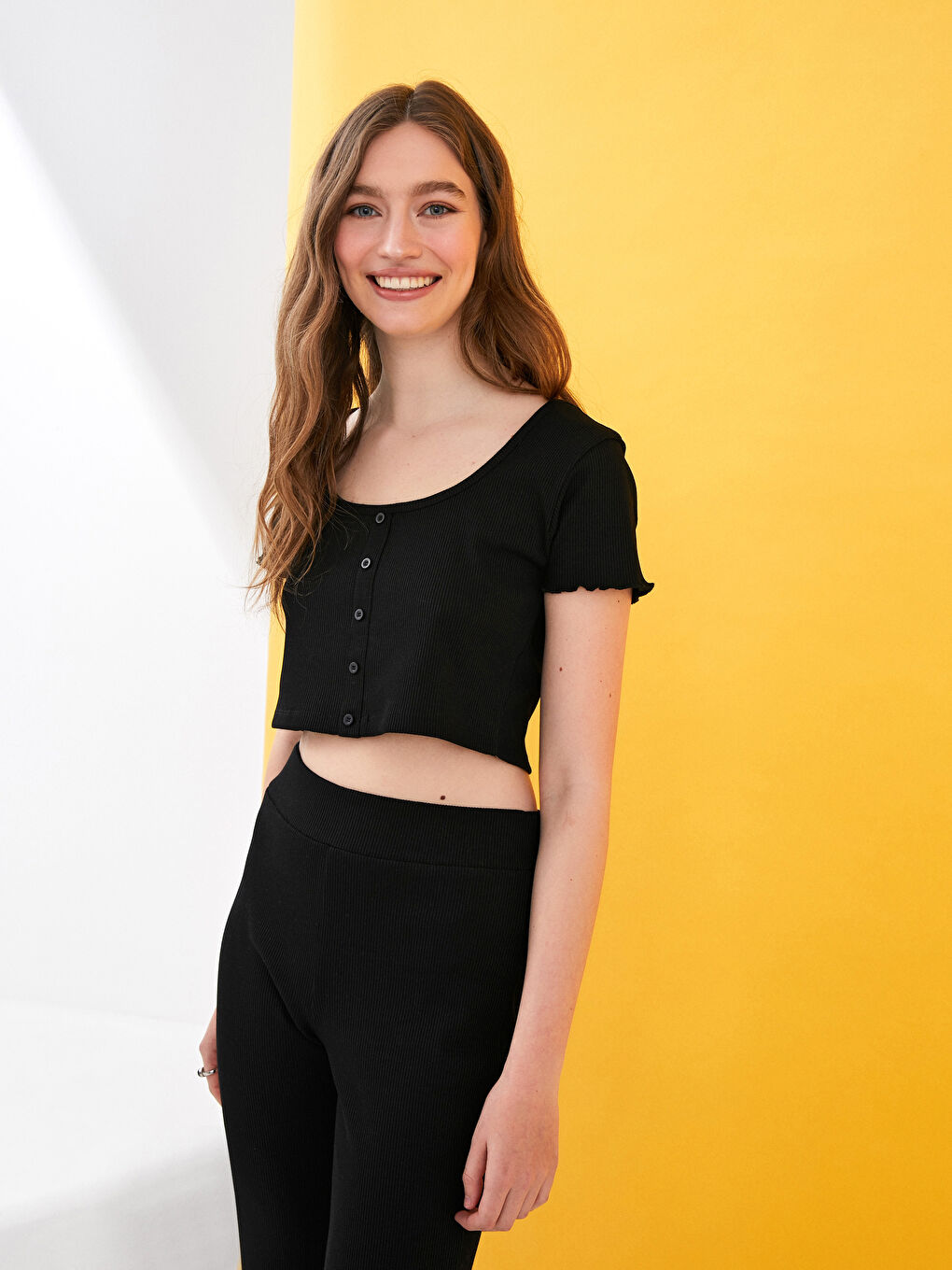 LCW Vision Square Neck Straight Short Sleeve Crop Women's Ribbed T-Shirt -S1J108Z8-CVL