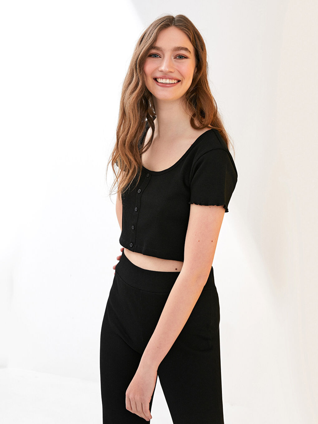 LCW Vision Square Neck Straight Short Sleeve Crop Women's Ribbed T-Shirt -S1J108Z8-CVL