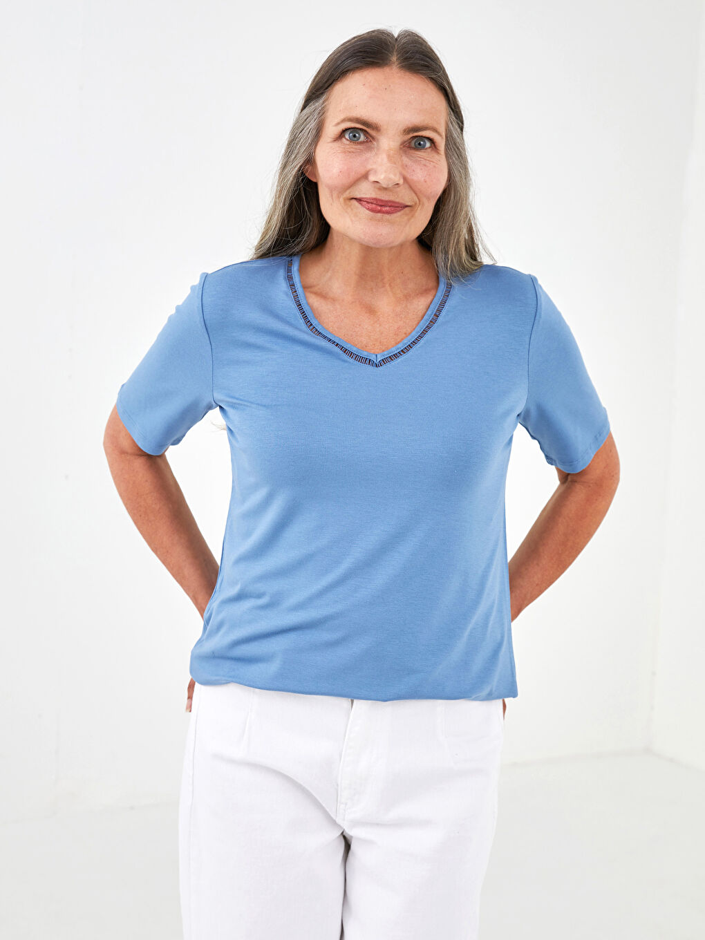 V Neck Embroidery Detailed Short Sleeve Women's Blouse