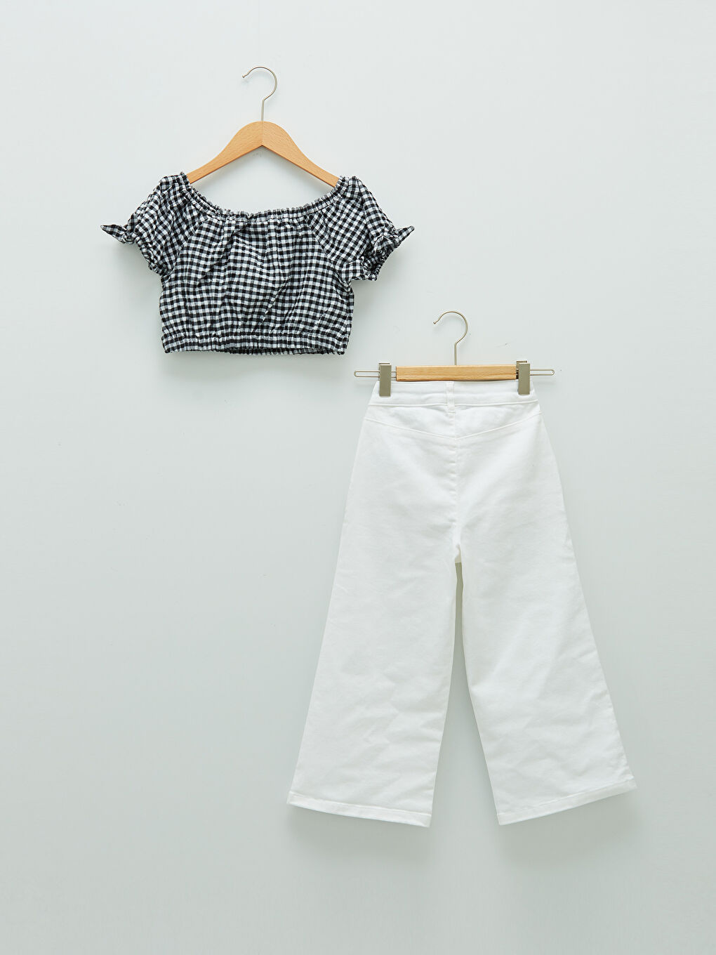 Siyah Kayık Yaka Ekose Kısa Kollu Kız Çocuk Bluz ve Pantolon-1