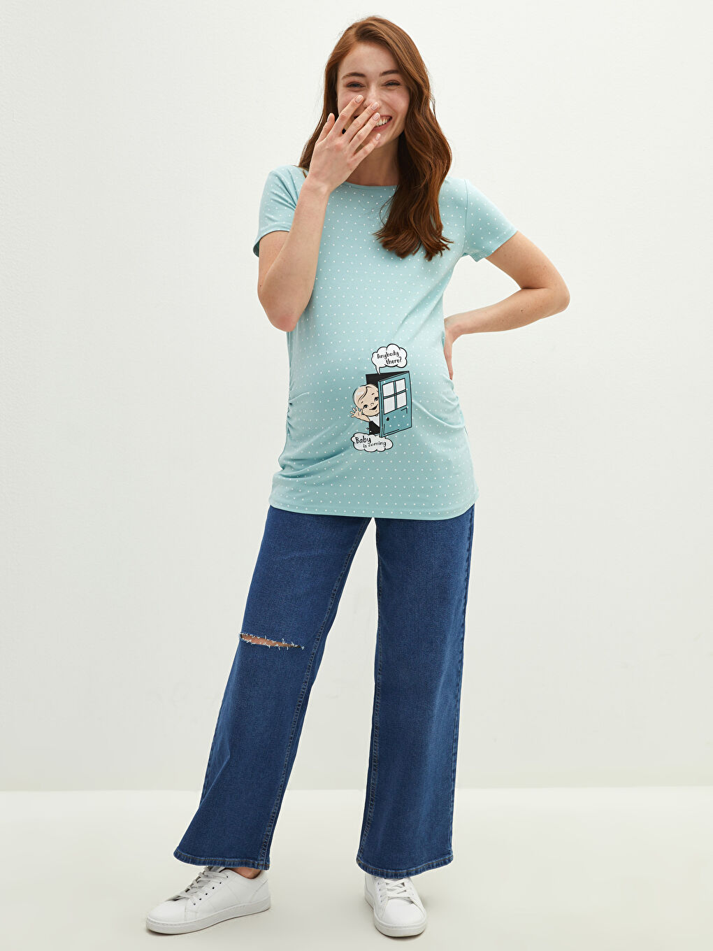 Yeşil Bisiklet Yaka Baskılı Kısa Kollu Pamuklu Hamile Tişört-2