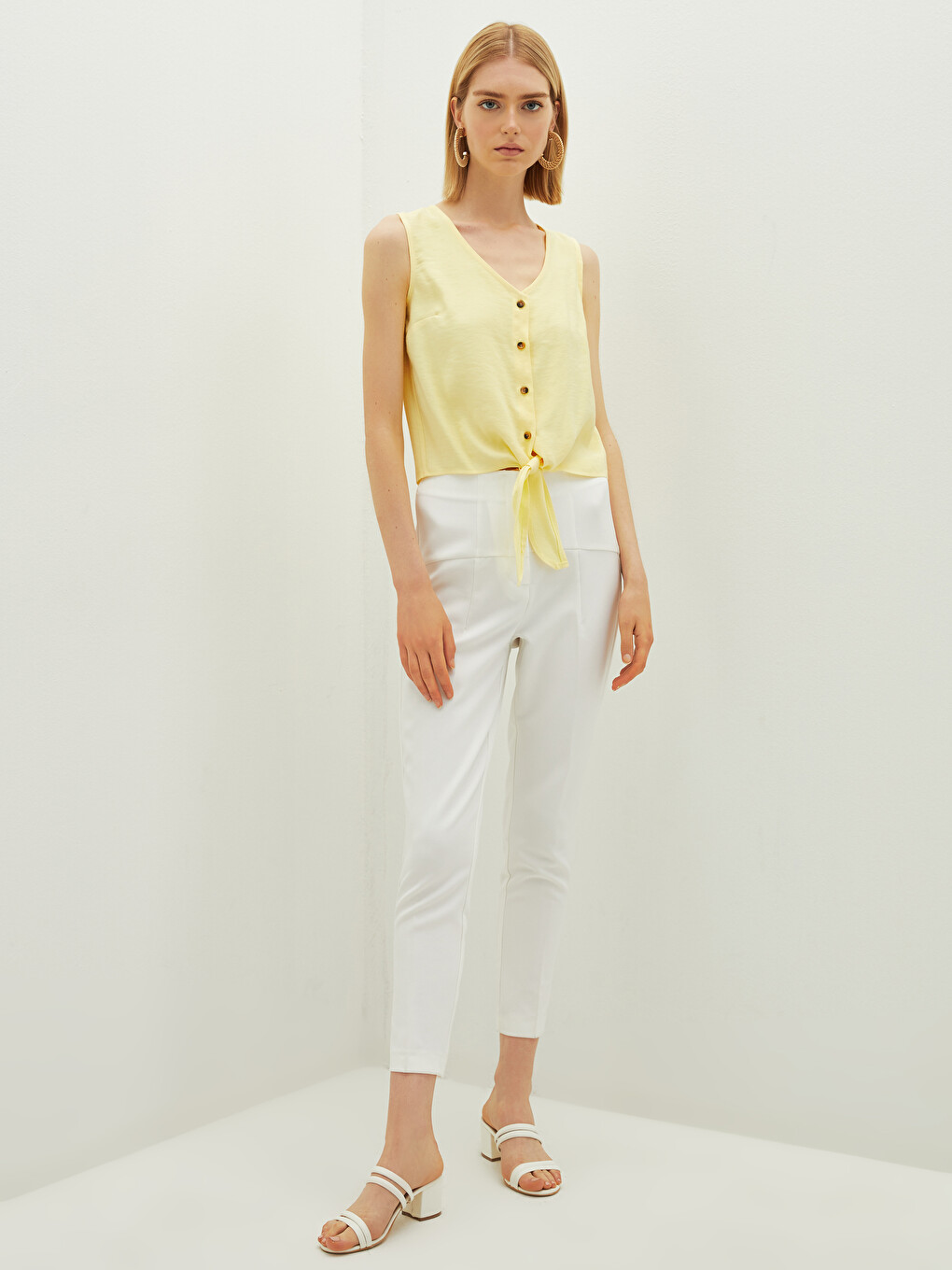 V-Neck Button Closure Straight Waist Tie Detail Women's Blouse-1