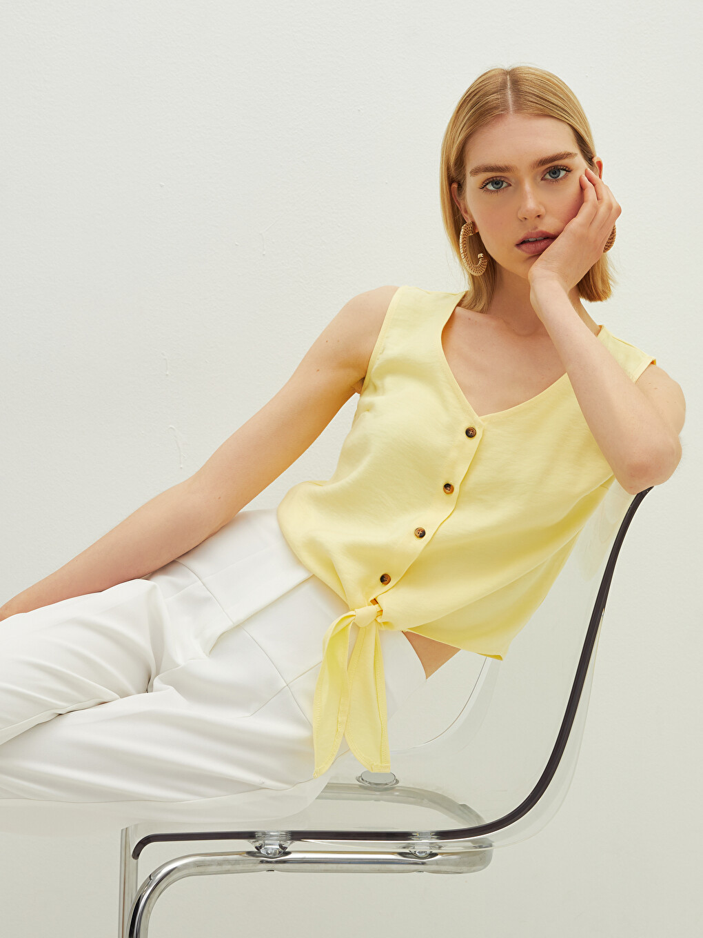 V-Neck Button Closure Straight Waist Tie Detail Women's Blouse-4