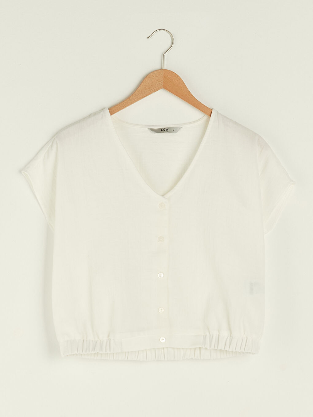 Beyaz V Yaka Düz Kısa Kollu Kadın Bluz-4