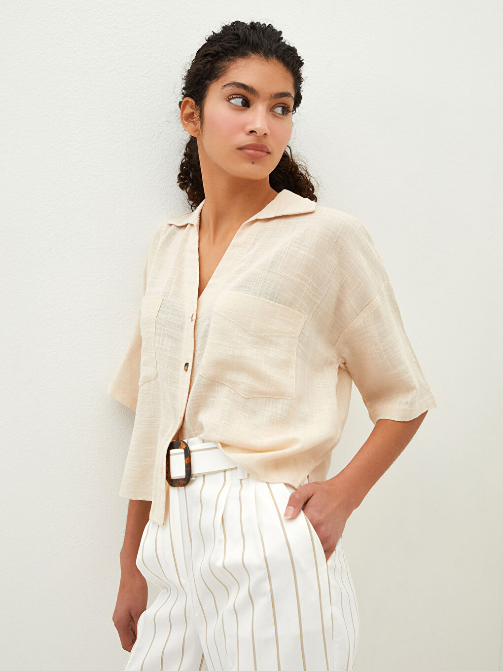 Pocket Detailed Front Buttoned Short Sleeve Women's Shirt