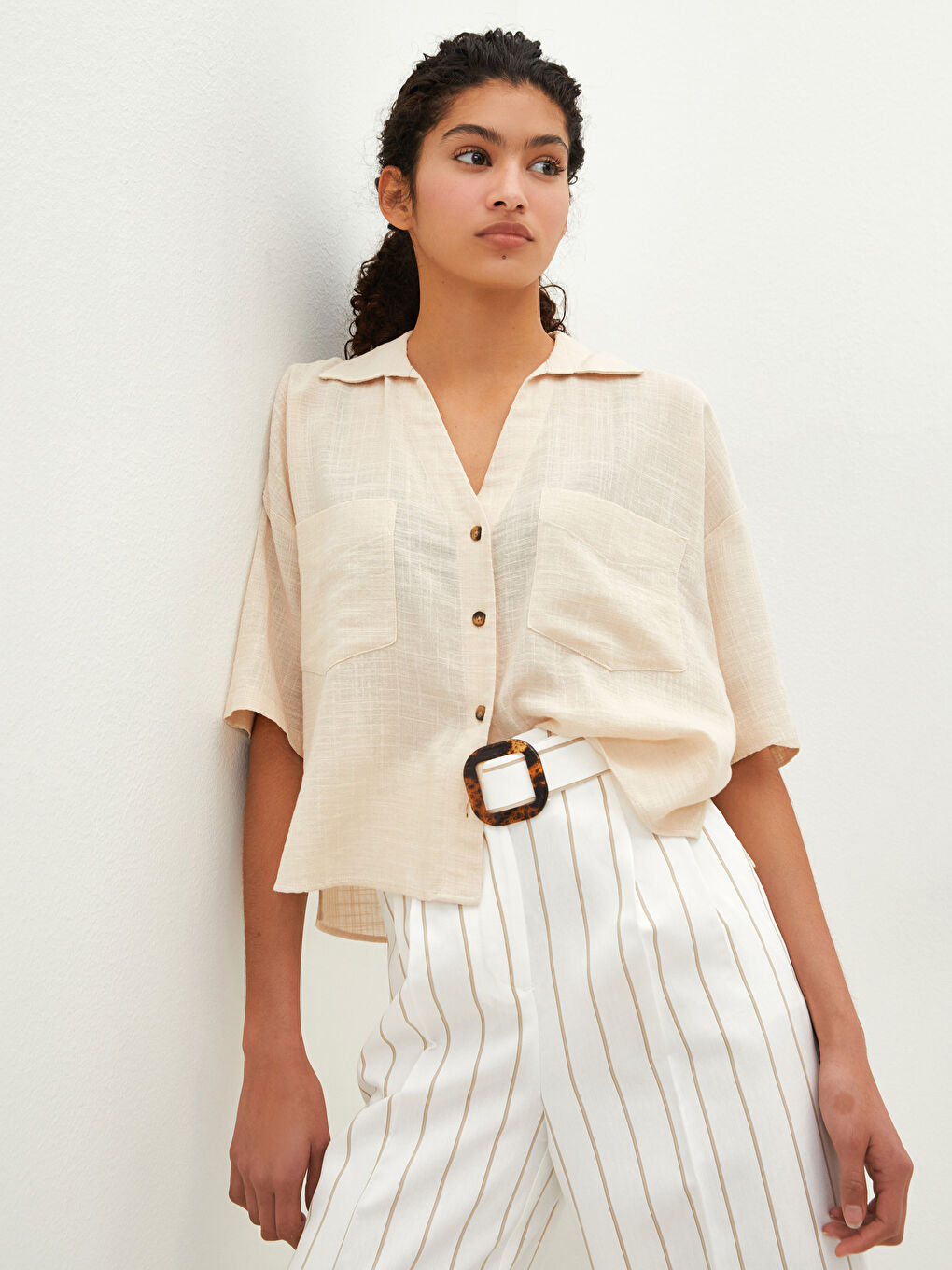 Pocket Detailed Front Buttoned Short Sleeve Women's Shirt-1