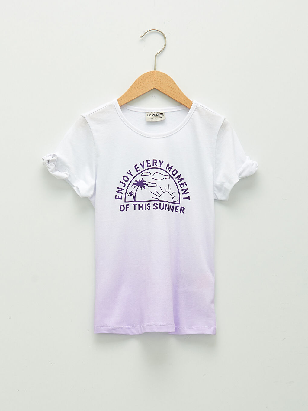 Beyaz Bisiklet Yaka Baskılı Kısa Kollu Kız Çocuk Tişört