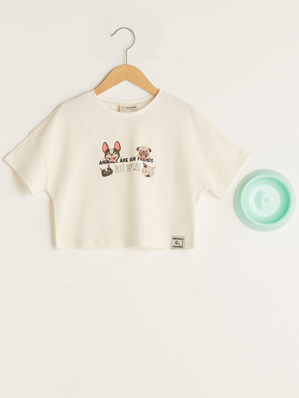 Ekru Bisiklet Yaka Baskılı Kısa Kollu Pamuklu Kız Çocuk Tişört ve Mama Kabı