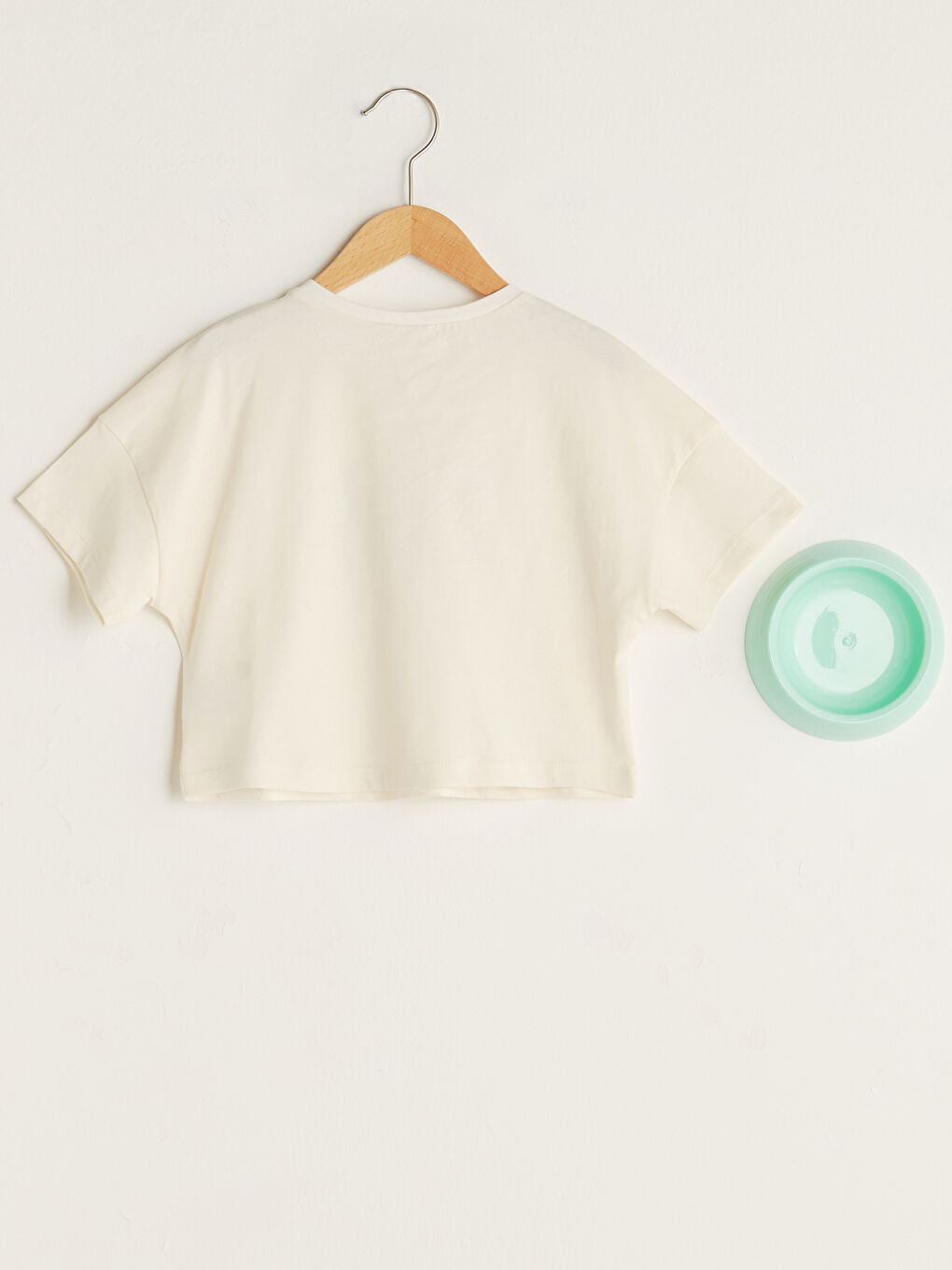 Ekru Bisiklet Yaka Baskılı Kısa Kollu Pamuklu Kız Çocuk Tişört ve Mama Kabı-1
