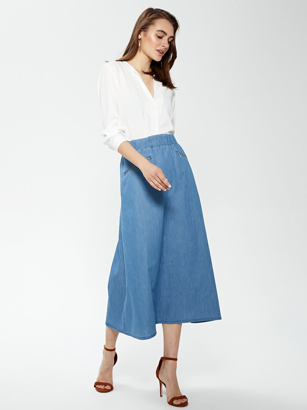 Elastic Waist A-Cut Pocket Detailed Women's Jean Skirt-1