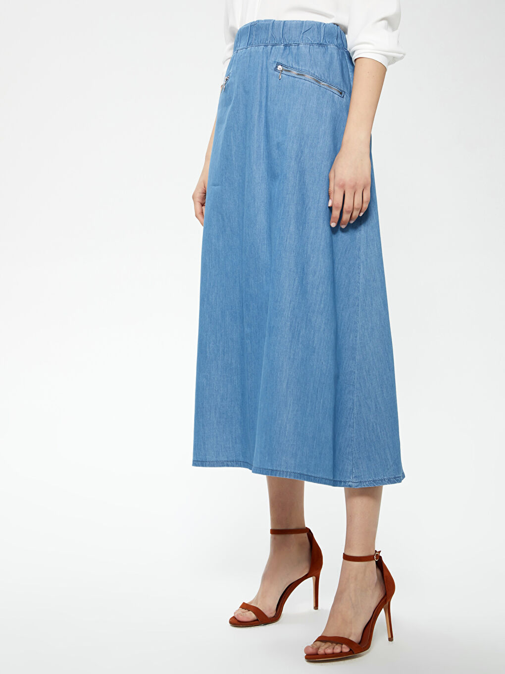 Elastic Waist A-Cut Pocket Detailed Women's Jean Skirt-2