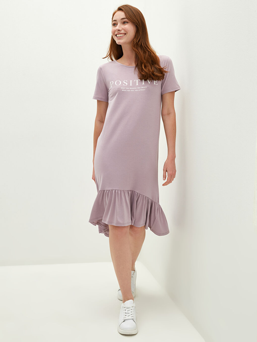 LCWAIKIKI Classic Crew Neck Printed Short Sleeve A-cut Women's Dress -S1J337Z8-GCW