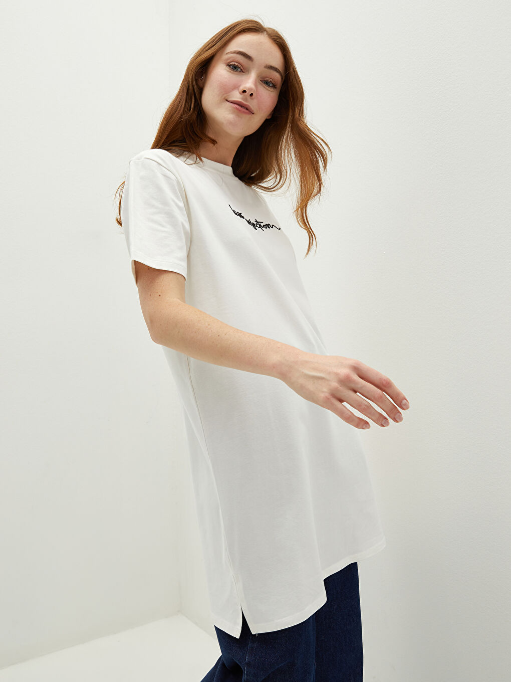 Crew Neck Embroidered Short Sleeve Cotton Women's Tunic-1