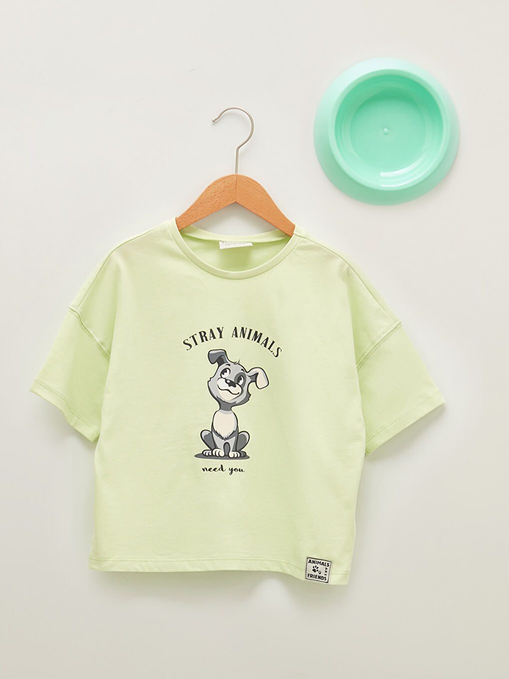 Yeşil Bisiklet Yaka Baskılı Kısa Kollu Pamuklu Kız Çocuk Tişört ve Mama Kabı