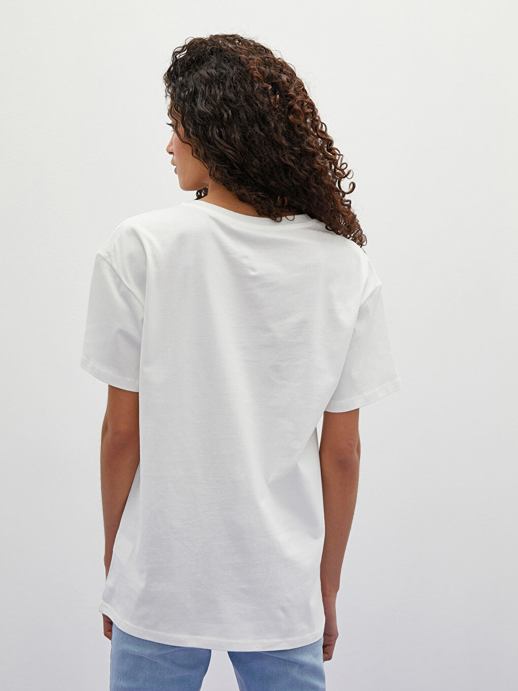 Ekru Bisiklet Yaka Baskılı Kısa Kollu Kadın Tişört-4