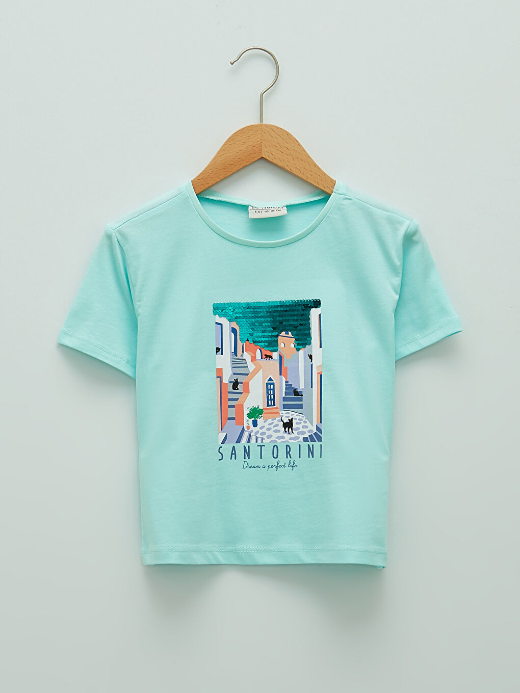 Turkuaz Bisiklet Yaka Baskılı Kısa Kollu Pamuklu Kız Çocuk Tişört
