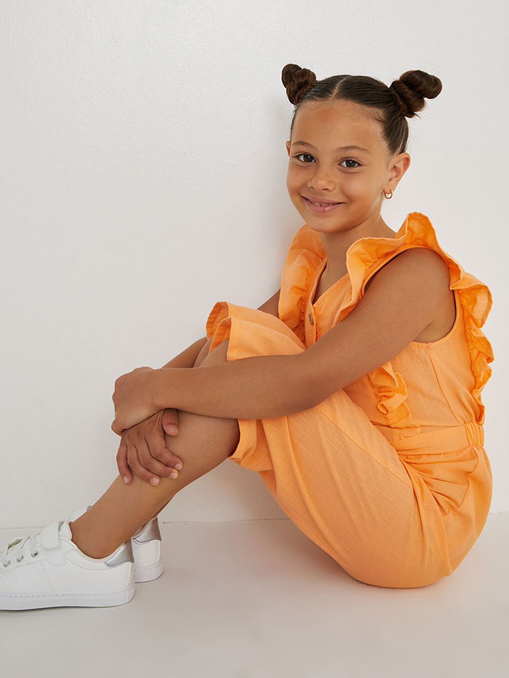 Combinaison Fille Basique à Volants et Encolure en V en Popeline-4