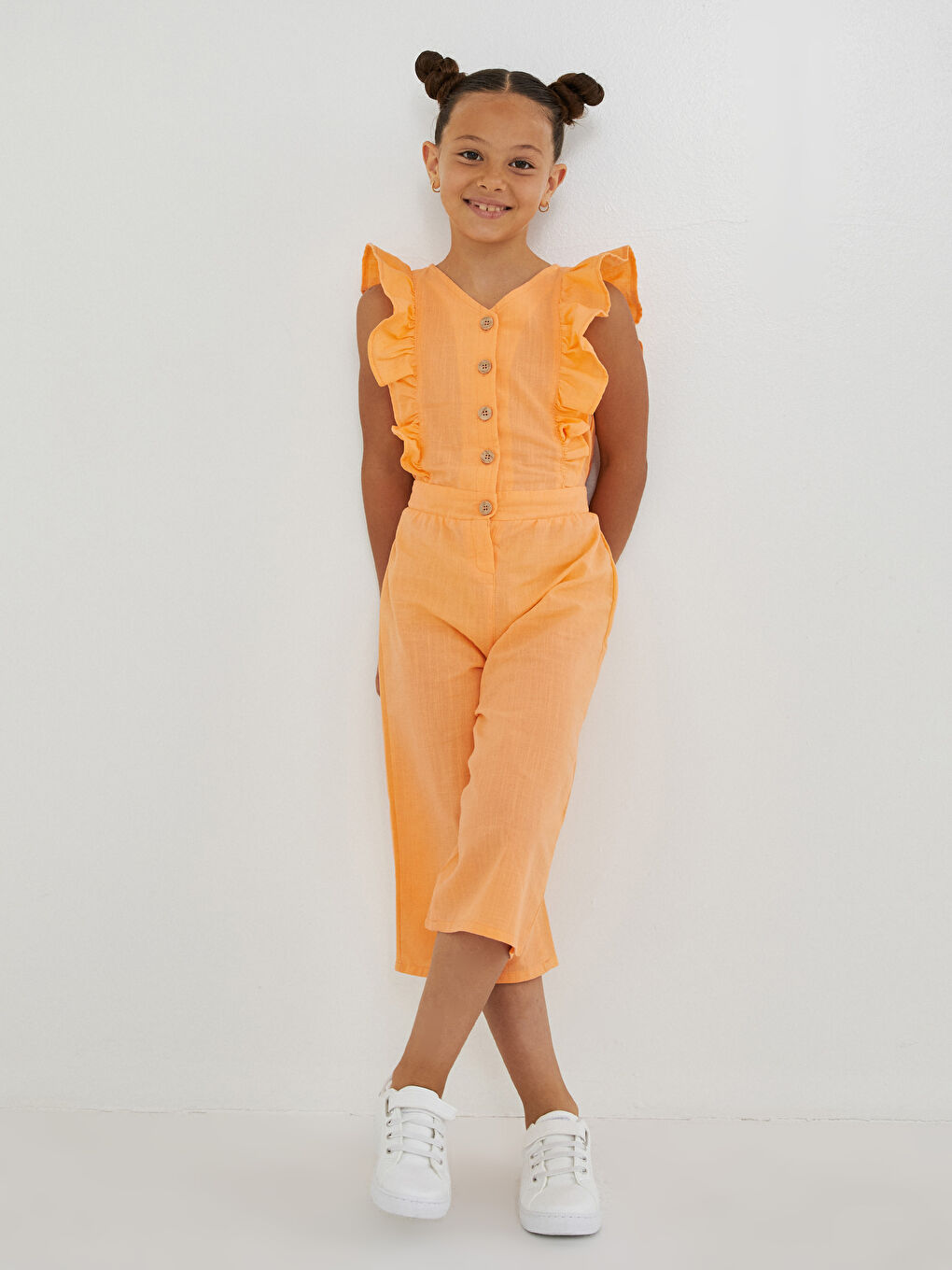 Combinaison Fille Basique à Volants et Encolure en V en Popeline-2